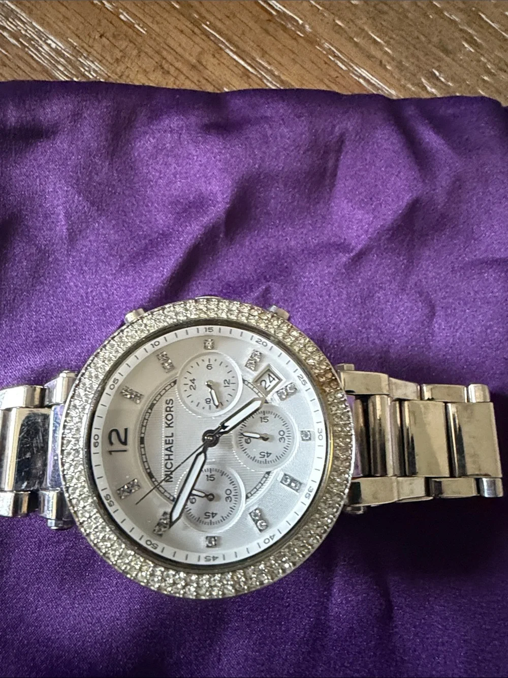 Michael Kors Silver and White Crystal-Accent Chronograph Watch